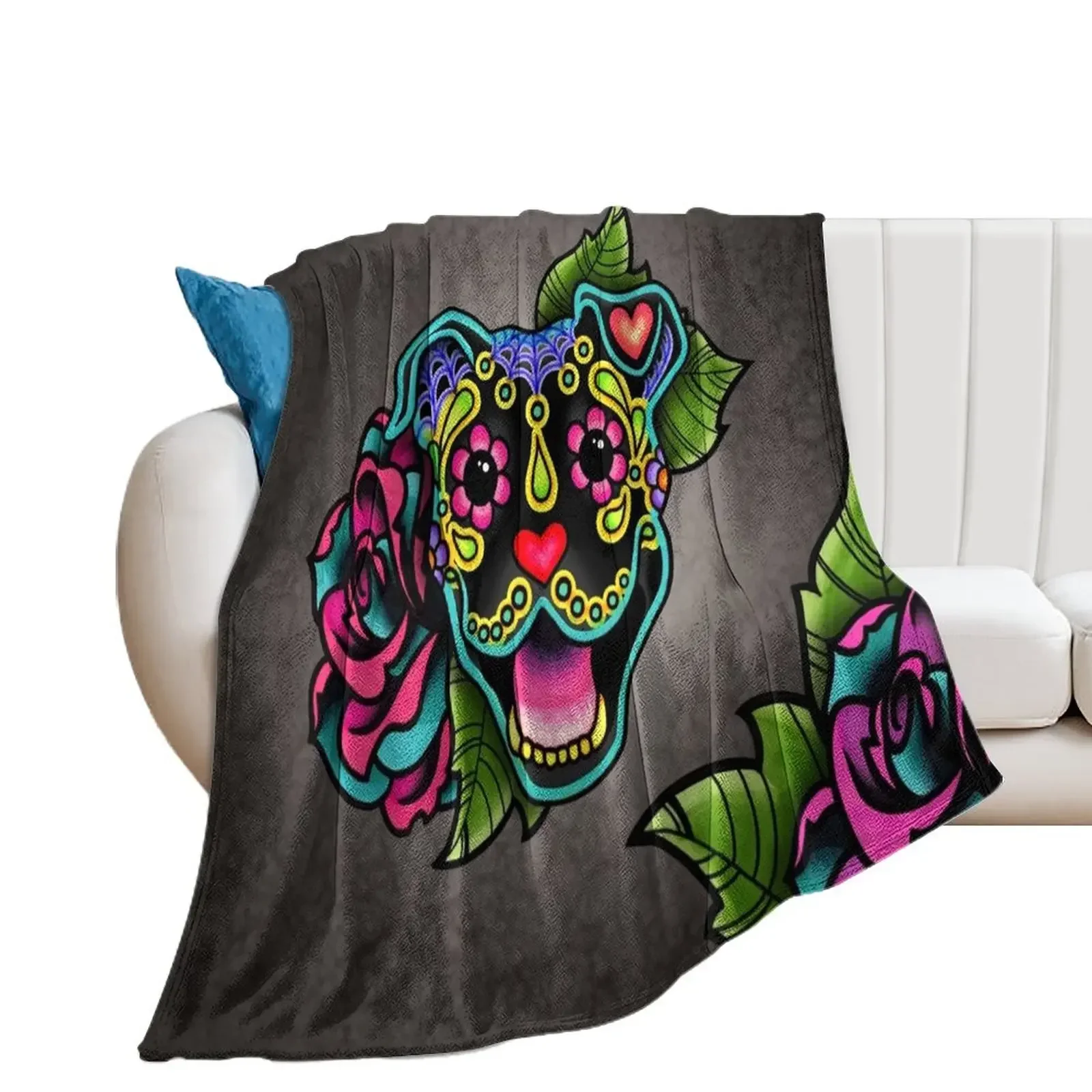 

Smiling Pit Bull in Black - Day of the Dead Happy Pitbull - Sugar Skull Dog Throw Blanket halloween Flannels Blankets