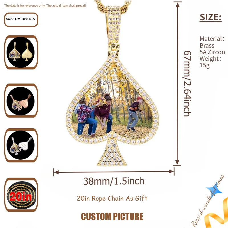 Custom Photo Pendant Necklace Chain Brass 5A Zircon Spades Photos Pendant Hip Hop Jewelry Personalized Custom Name Engraved