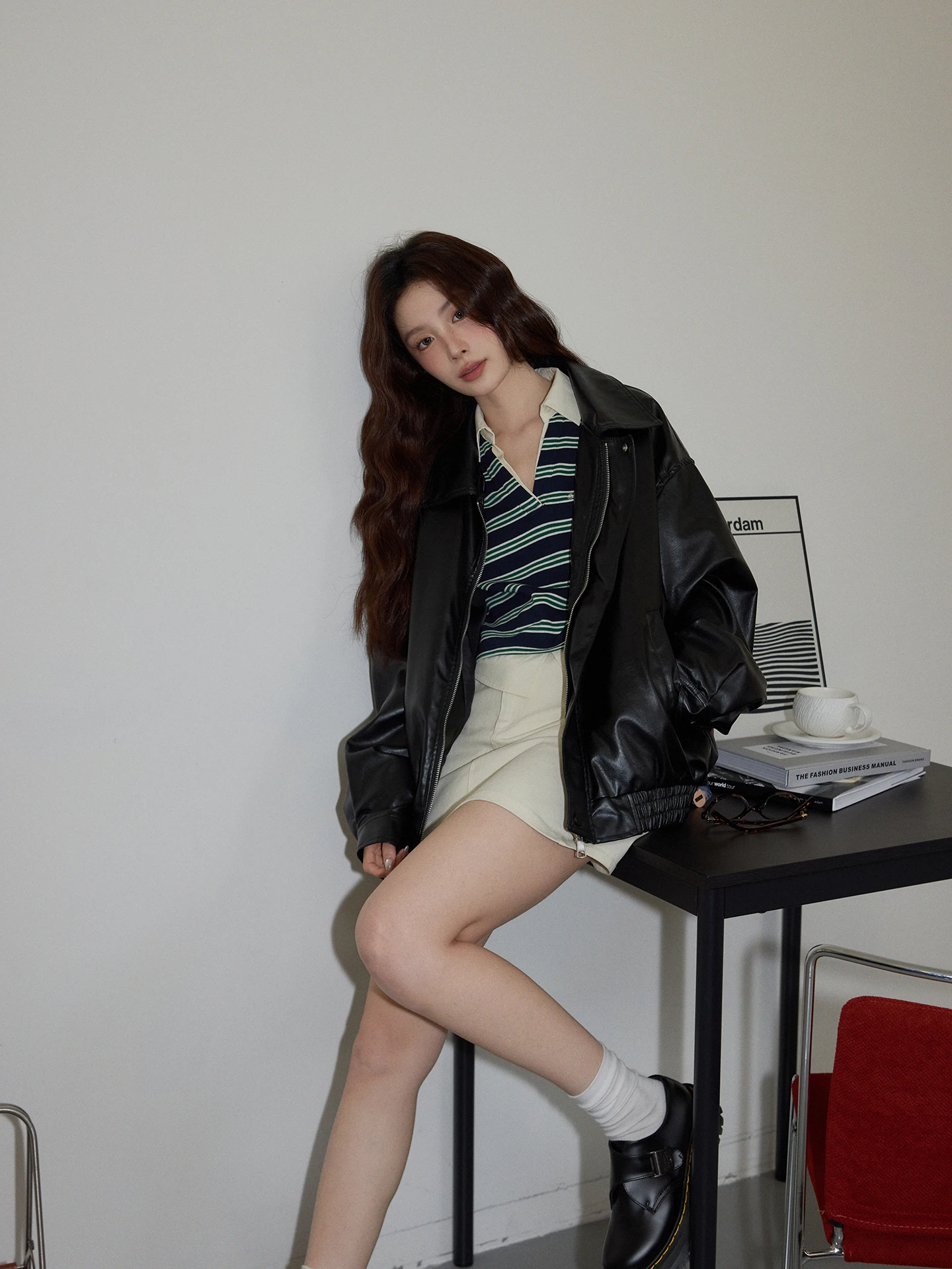 Chaocha Home Amerikanischer Retro-Lederjacke für Damen, Herbst 2025 Neuheit, Hochwertige, Lockere, Lässige Lange Ledermantel