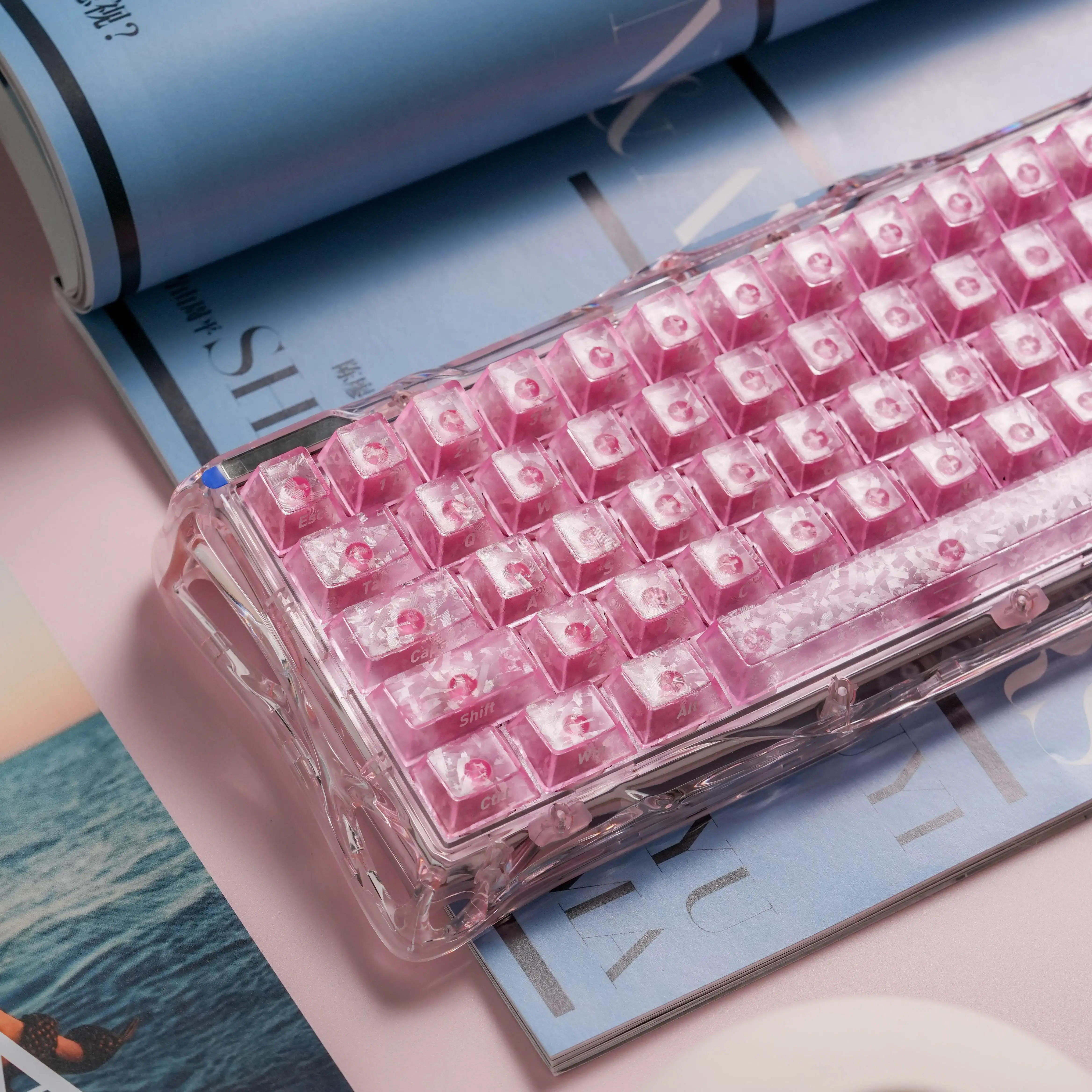 

Pink Forged Ice Carbon Fiber Pattern Side Print Custom Keycaps, Frosted Translucent Cherry Profile Set for Mechanical Keyboard