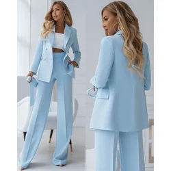 Elegant Peak Lapel Double Breasted Pants Set Sky Blue Basics Casual Formal Office Lady 2 Piece Blazer with Full Length Pants