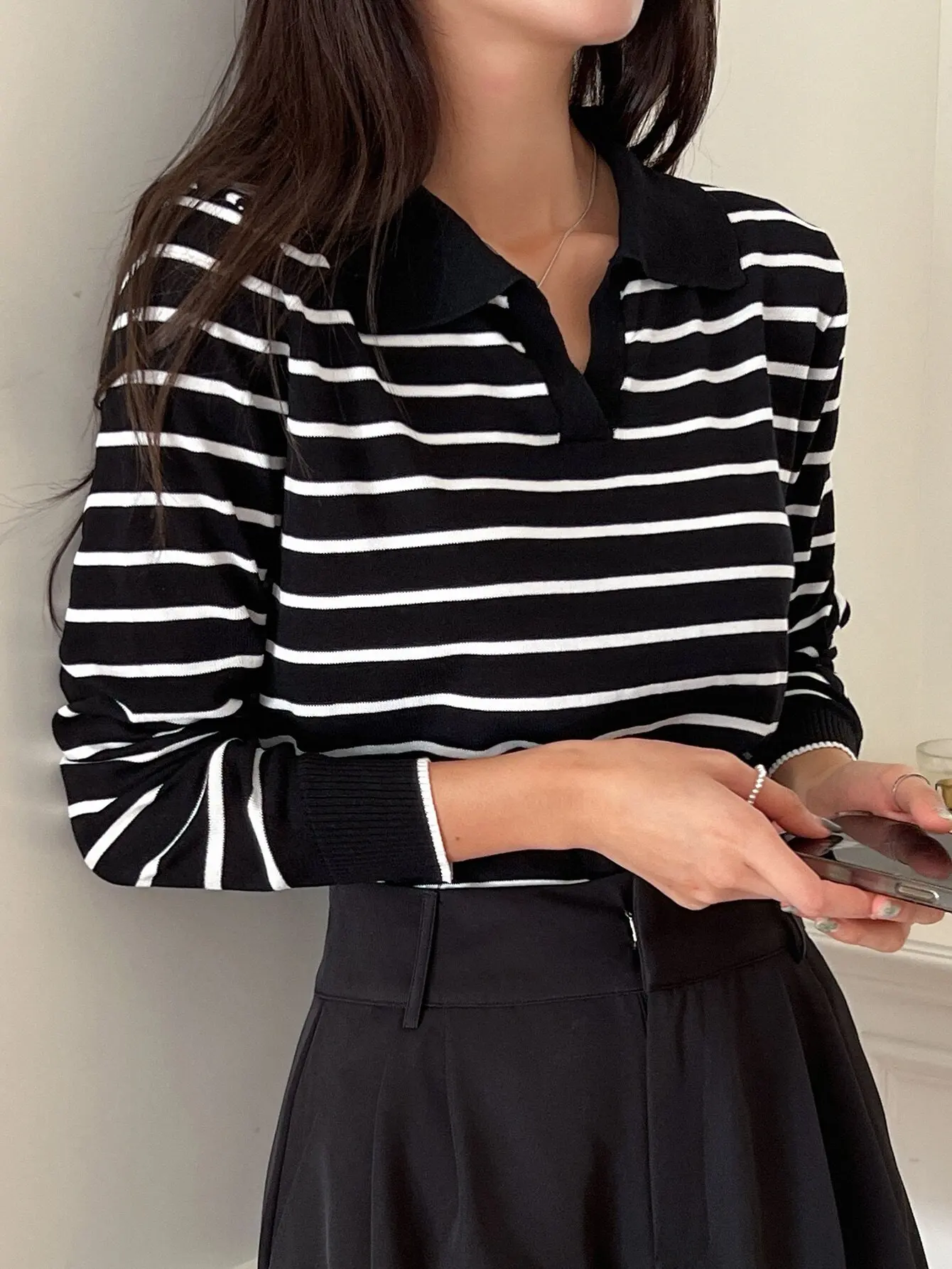 

Women's Black and White Striped Polo Neck Long Sleeve Knit Sweater for Fall