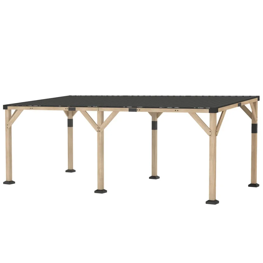 

Деревянная беседка 10' x 20' с жесткой крышей, приставной перголой и наклонной крышей из оцинкованной стали, цвет светлый орех