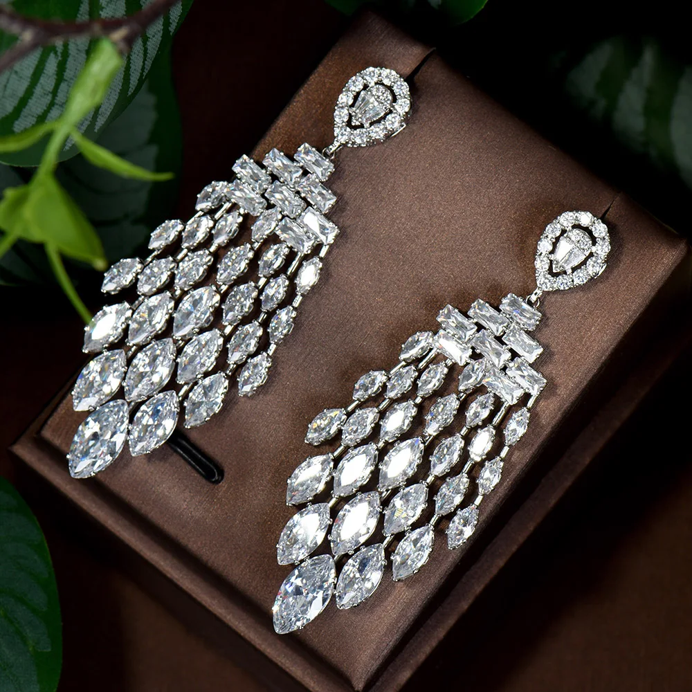 

HIBRIDE Zircons Long Dangly Water Drop Cubic Zirconia Bling White Wedding Bridal Party Earrings For Women Jewelry E-830