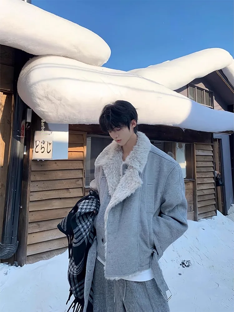 

Korean High-End Double-Breasted ort Woolen Jaet Men's Winter Faux Fur Collar Warm Cotton Jaet Coat Stand Fit Youth T...