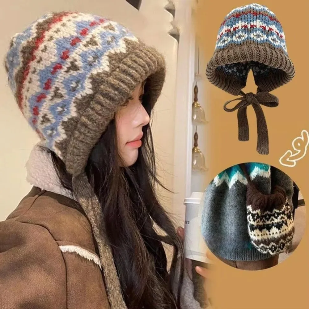 Retro Striped Knitted Woolen Hat Ethnic Style Windproof Ear Flap Cap Thickened Cold-proof Strap Ear Protection Hat Winter