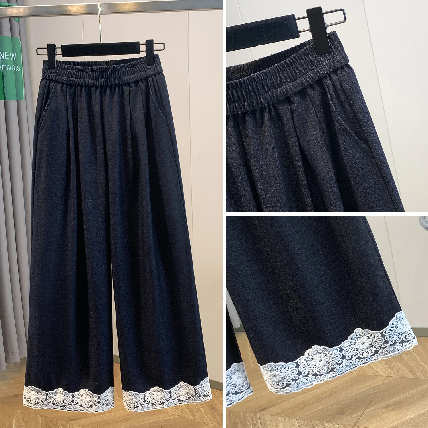 Plus Size Sweet Sle Lace Trim Splice Pantaloni larghi dimagranti larghi a gamba larga Pantaloni dritti a nove punte da donna Misto cotone a vita alta