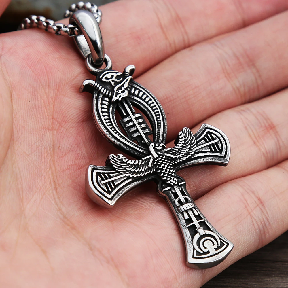 Retro Egyptian Ankh Cross Pendant Necklace for Men Women Stainless Steel Amulet Eye Of Horus Necklace Fashion Punk Egypt Jewelry