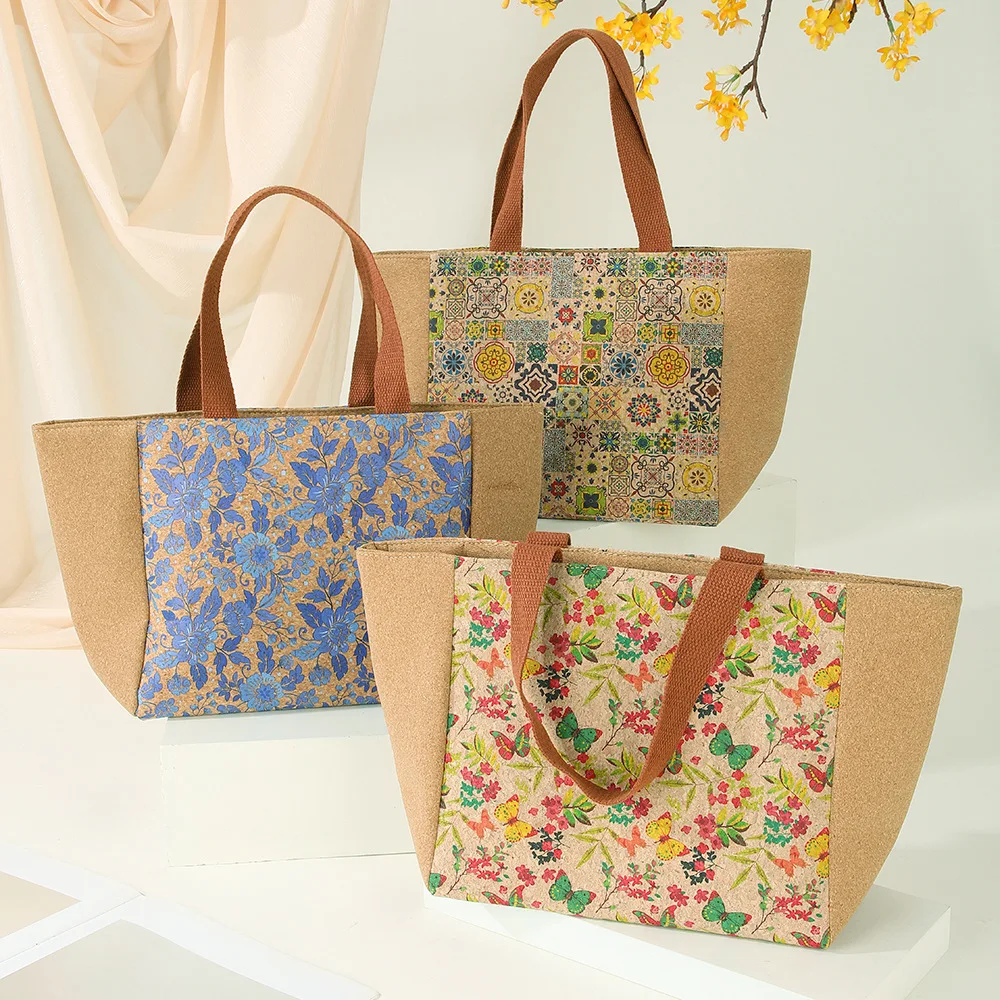 8pcs Shoulder Bags Women Cork Leather Flower Patchwork Plain Large Capacity Cross Zipper Decoration Shopping Bag