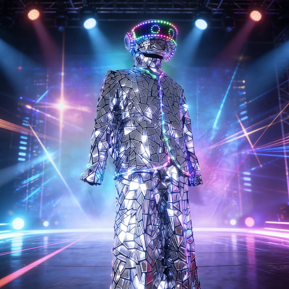 

Silver Suit Set LED Stilt Mask Male Costume Celebration Event Performance Costume Bar Party Stage Wear Costume