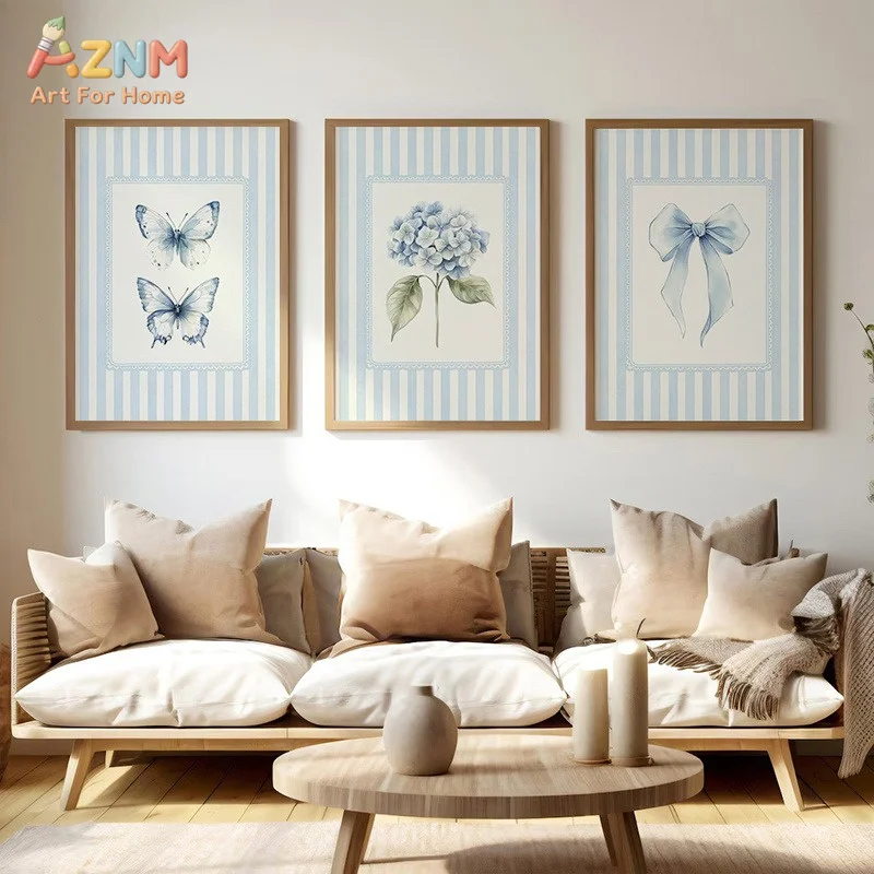 1pc/3pcs French-Style Vertical Hydrangea Flower Wall Decor Suitable for Room Light Blue Canvas Painting