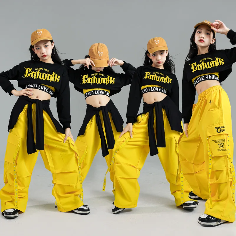 الهيب هوب الفتيات موضة K-pop المحاصيل الأعلى خطابات البضائع السراويل الطفل الشارع الرقص سترة الاطفال الشارع الشهير فتاة مجموعة ملابس الجاز مجموعة