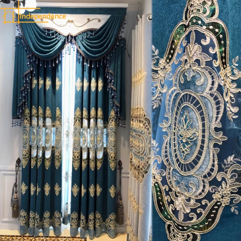

New Villa High-end Blue Embroidered Window Screen Jacquard Chenille Curtains for Living Room Bedroom Floor-to-ceiling Windows