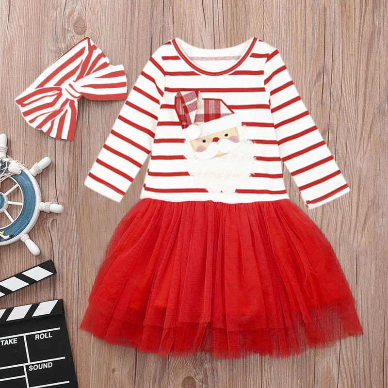 Children\'s Spring and Autumn Collection Girls\' Santa Claus Striped Dress+Headband Two Piece Set Children\'s Dress,W113