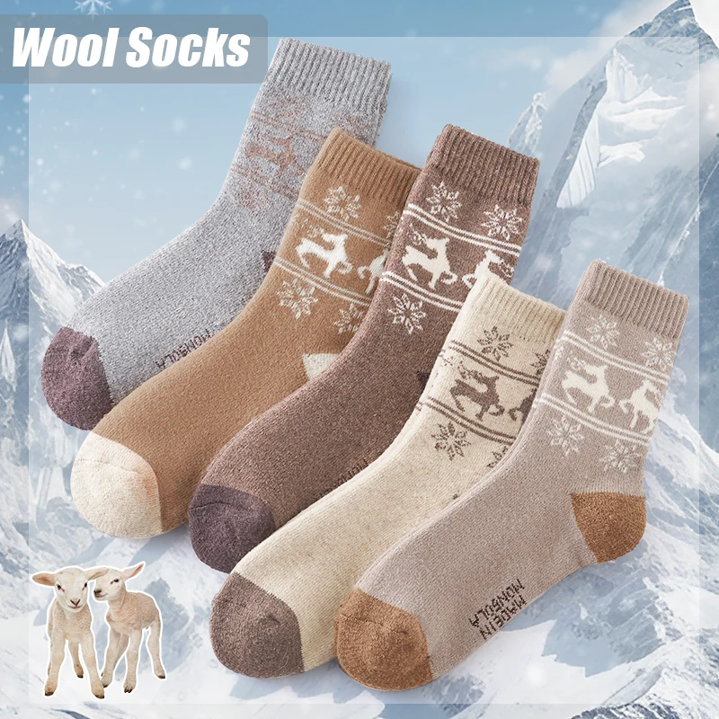 

5Pairs Thicken Wool Socks Warm Snow Women Crew Socks Outdoor Sports Thermal Socks Christmas Elk Socks Gift