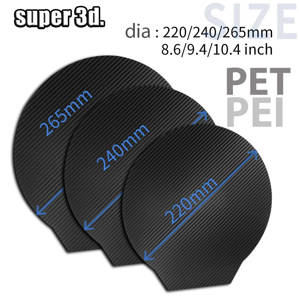 PEI Sheet Round Dia 220/240/265/270/309mm Magnetic Spring Steel Sheet PET/PEO For Rostock Delta Kossel Flsun Super Racer V400