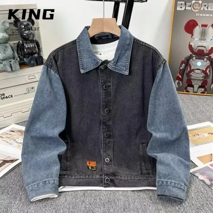 

Men's Spring Autumn Loose Fit Patchwork Denim Jaet Casual Retro Street Sle Korean Japanese Inspired Bomber Jaet