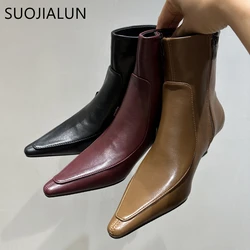 SUOJIALUN 2024 New Brand Women Short Boots Fashion Square Low Heel Ladies Elegant Ankle Boots Shoes Pointed Toe Chelsea Shoes