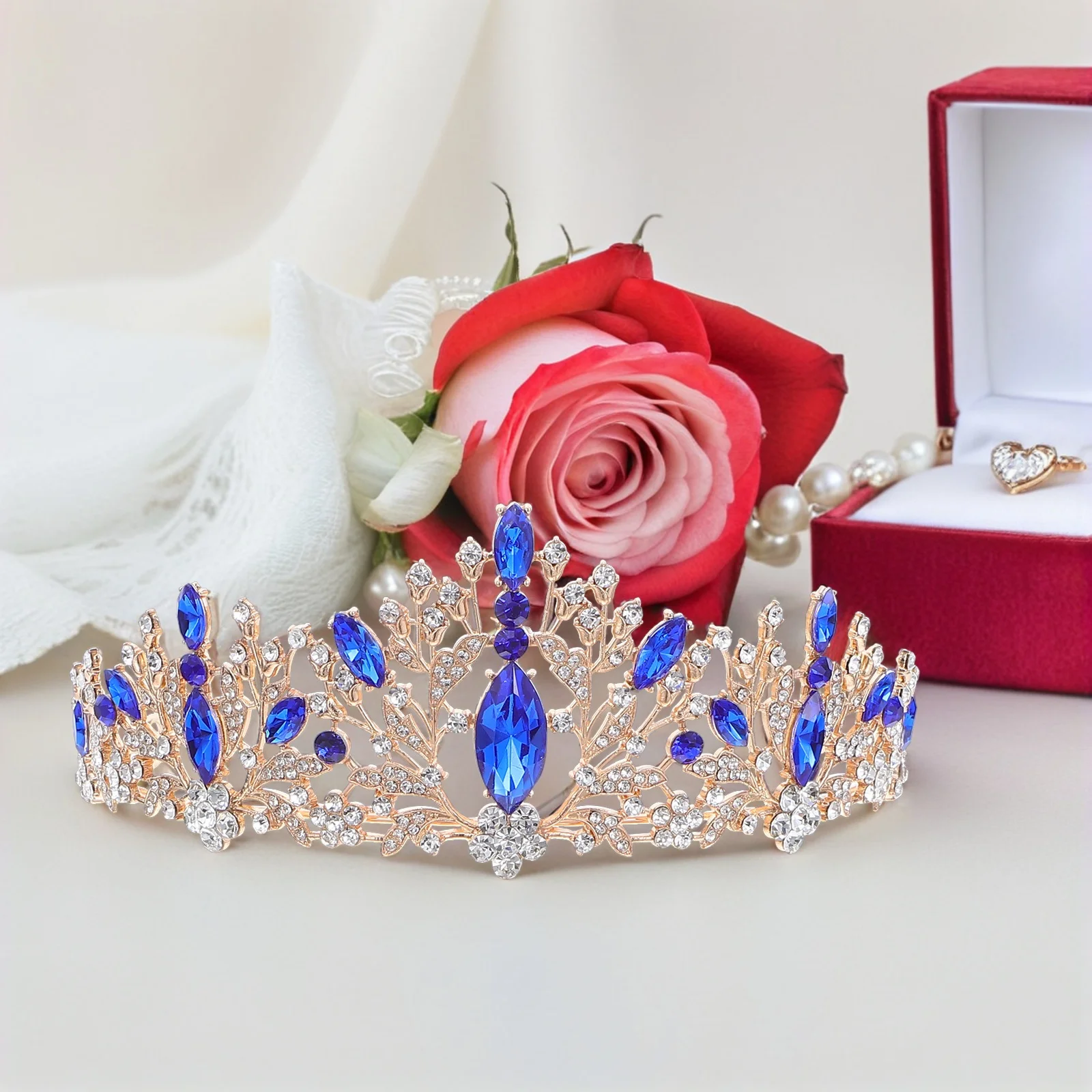 1Set Bride Jewelry Set Rhinestone Crown Necklace Earrings Sparkly Bridal Accessories for Wedding Party Elegant Tiara Headpiece