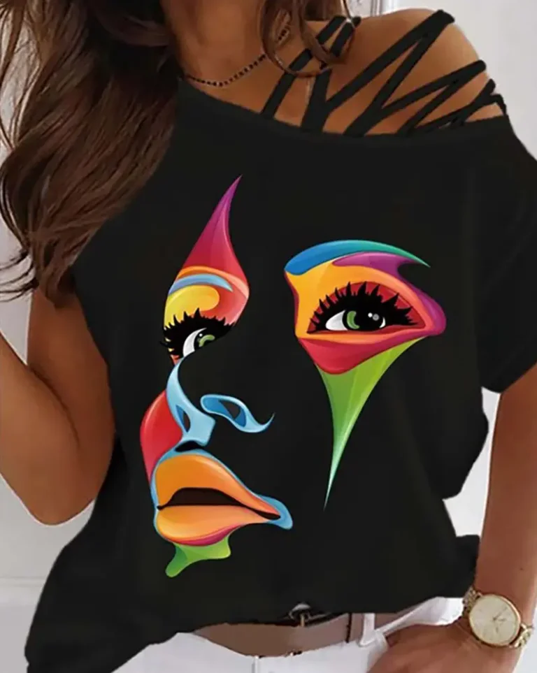 

One Piece Summer T-shirt Woman 2022 Fashion Cold Shoulder Figure Print Casual Top