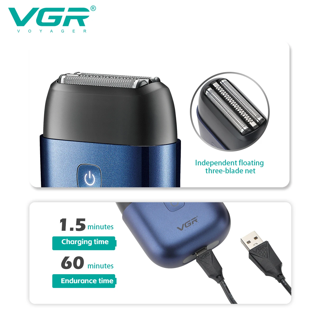 VGR 2024 ใหม่เครื่องโกนหนวดไฟฟ้าProfessionalเครื่องโกนหนวดฟอยล์IPX7 กันน้ําแบบพกพาTripleใบมีดมีดโกนสําหรับชายV-340