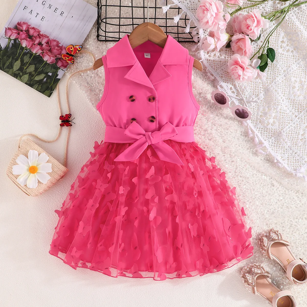 

2024 Summer New Arrival Girls Sleeveless Sashes Butterfly Rose Red Cute Dress Infantil Menina Cute Party Dress Custume 18M-7T