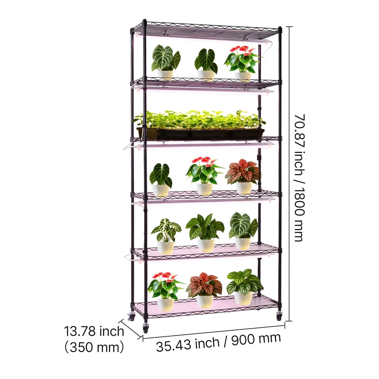 6-Tier 71in Tall Indoor Plant Stand with 150W 3800K Grow Light Display Rack Wheels Timer