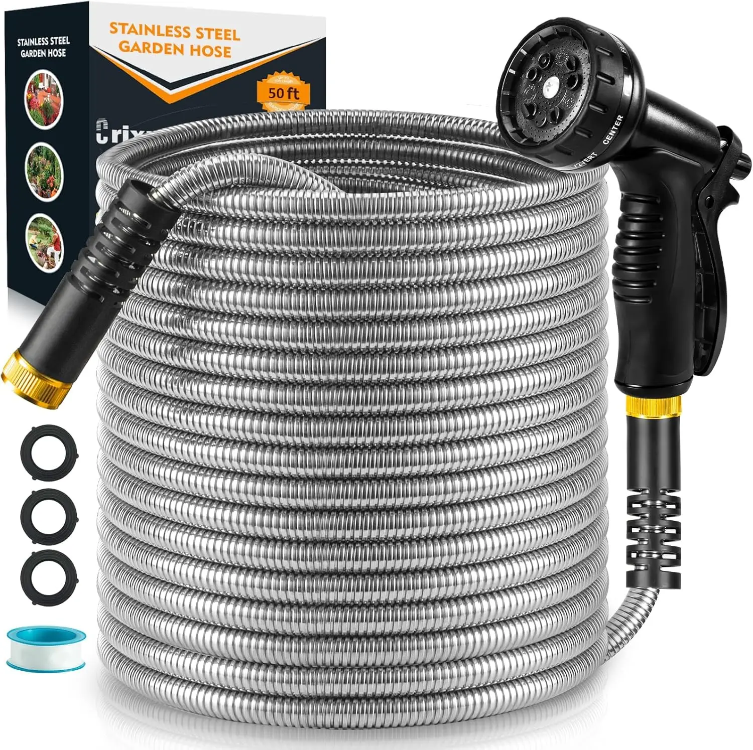 Garden Hose 50 FT, Stainless Steel Heavy Duty Water Hose With 10 Function Nozzles, Flexible No-Kink, Pet-Proof, Puncture