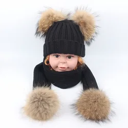 Conjunto de chapéu e cachecol de malha infantil, ao ar livre, frio, quente, fofo, bola de cabelo, espessado, inverno, criança, 2 peças