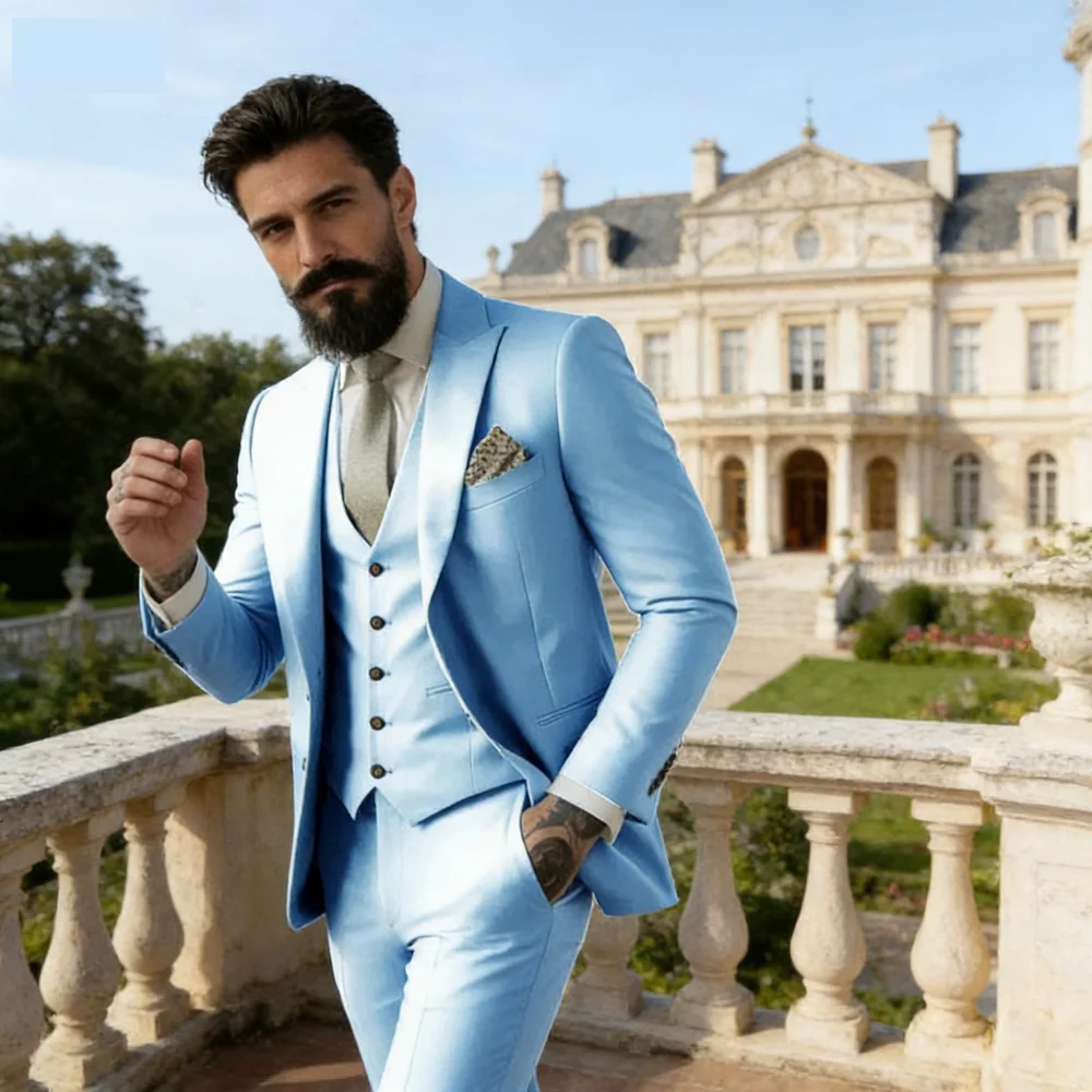 

Высококачественный синий мужской костюм-тройка Slim Fit для офиса, повседневной носки, вечеринок и торжественных мероприятий