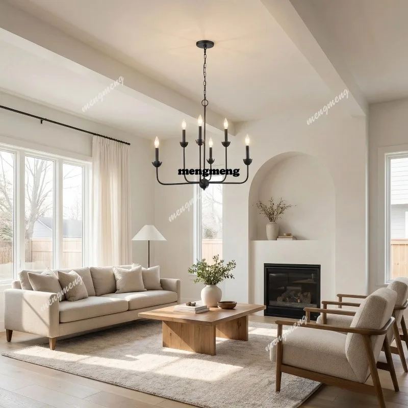 

French designer dining room light living room one-word dining table chandelier American wrought iron candle chandelier