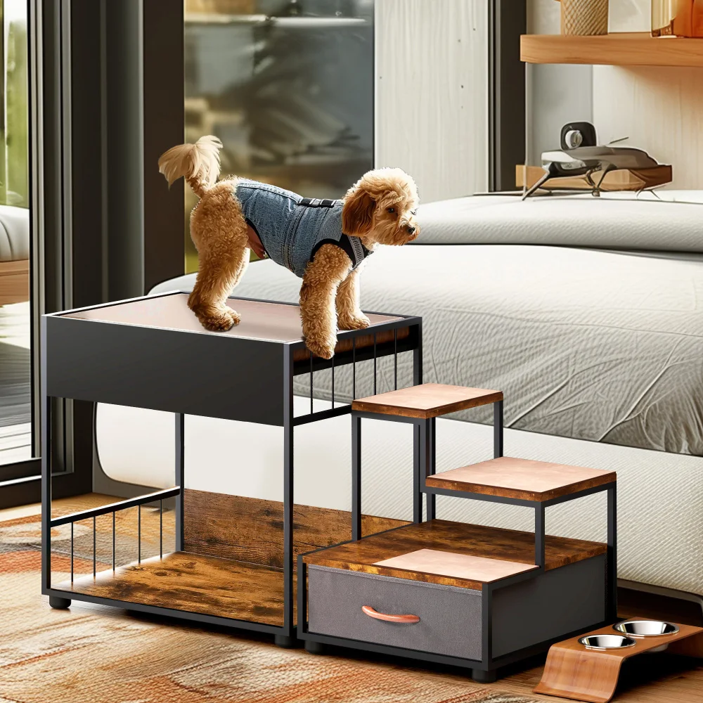 Ye Pet Step Window Perch, Bunk Beds Window Perch for Dogs - Bedside Lounge Elevated Dog Bed with Multi - Level Platform, Sponge, Non - Slip Pad and Storage, Vintage