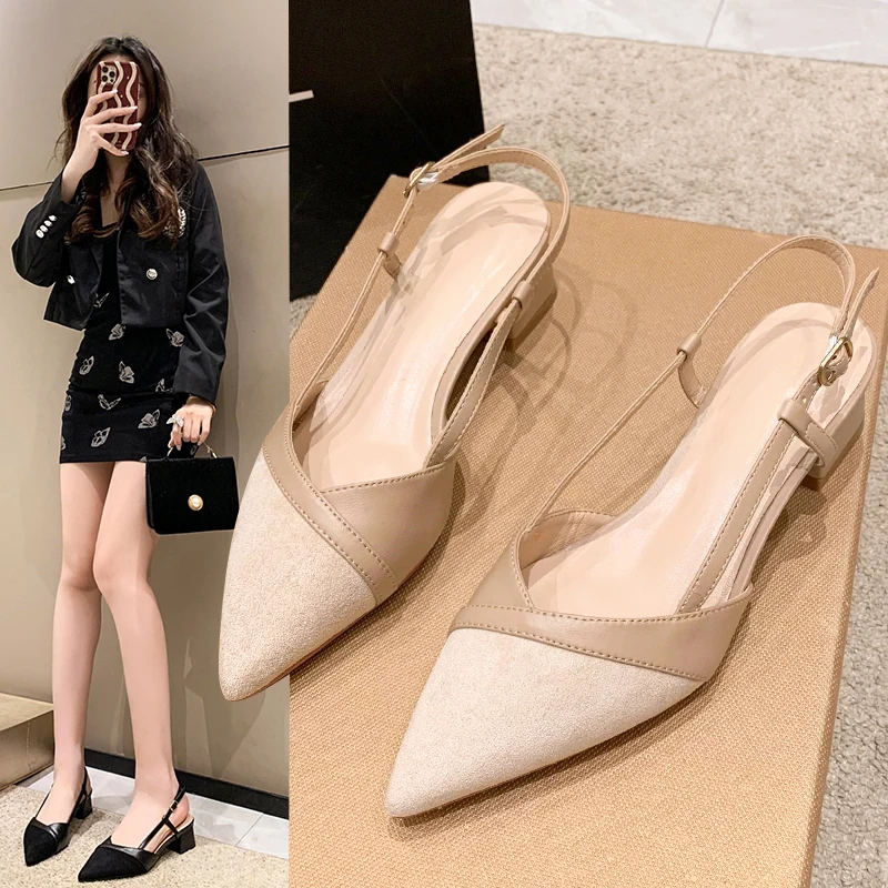 Beige Heeled Sandals Spring Shoes 2024 Women\'s Med Black Comfort Retro Closed New Girls Medium Summer Velvet Open Block Pointed