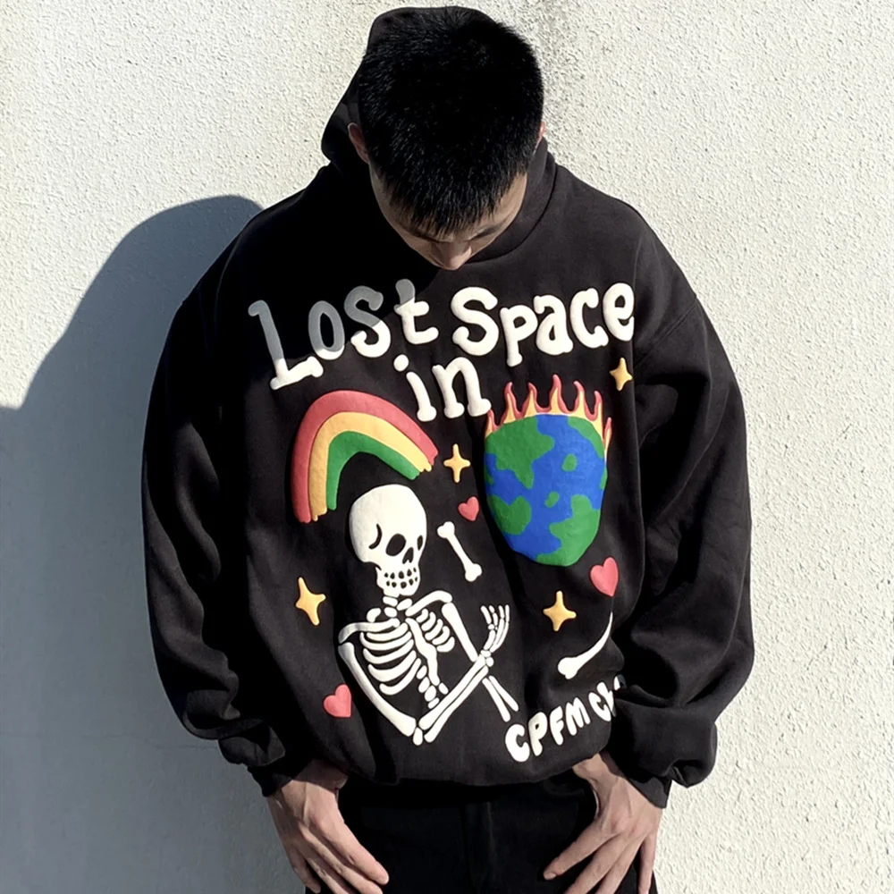 American High Street Skull Earth Foam Printed Zipper Hoodie 2024 Fashion Trend Casual Loose Oversized Pullover Hiphop Streetwear