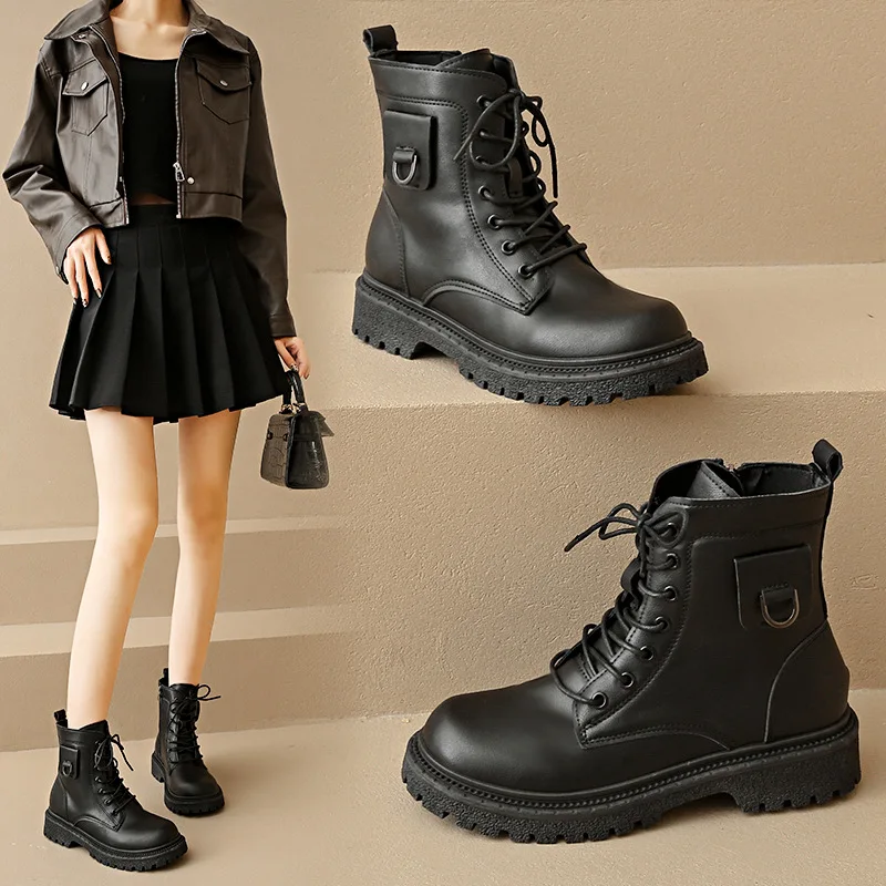 

New autumn and winter black women's leather boots 2025 Autumn Motorcycle Versatile Thick-Soled Short Boots for Petite Sizes