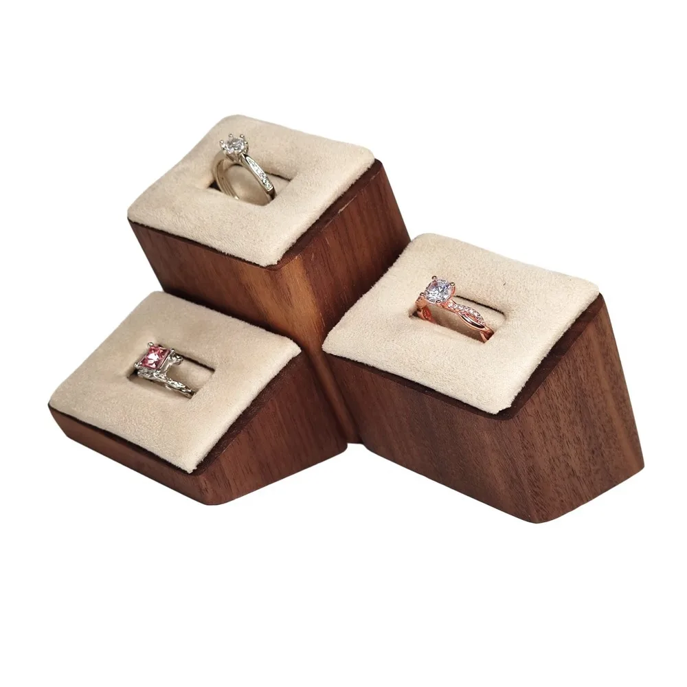 Customized logo black walnut three-dimensional ring display stand ring base ornament three piece set of jewelry display stand