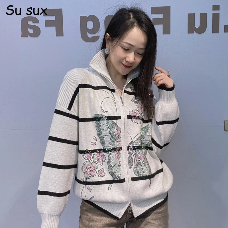 

Sequins Butterfly Striped Cardigan Sweater For Woman 2026 Spring Casual Zipper Oversized Knitwear Japanese Korean fashion Tops