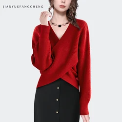 Fashion Crossed Design Women Red Sweater Long Sleeve V-neck Knitted Wool Sweaters 2023 Autumn Winter Ladies Tops