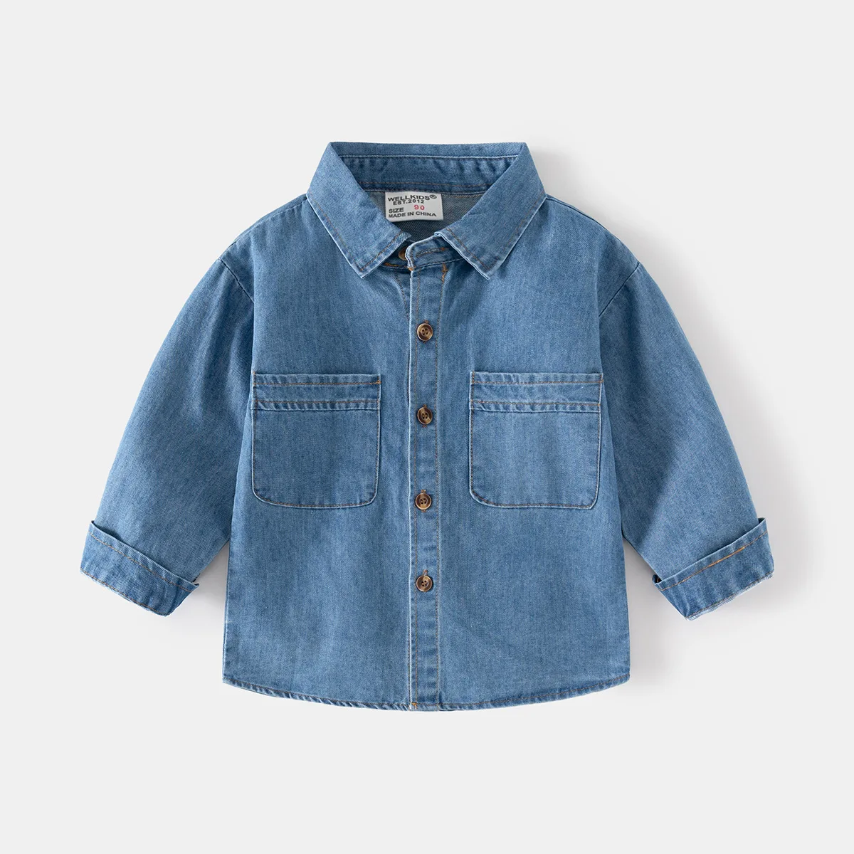 

Autumn Korean Style Blue Denim Long Sleeve Baby Tops Turn Down Pocket Button Kids Shirt Fashion Casual Jacket