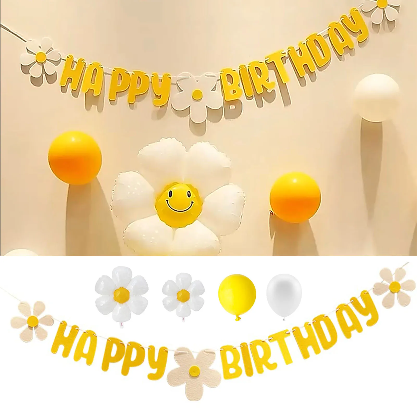 12pcs/set Daisy Balloons Happy Birthday Banner, Daisy Flower Foil Balloons 4 Daisy Balloons, 5 Yellow Balloons, 3 White Balloons