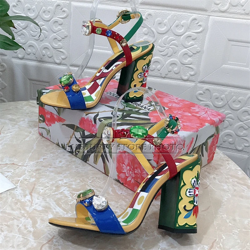 Colorful Print High Heel Modern Sandals Women Exotic Style Diamond Rhinestone Ankle Strap Holidays Shoes Summer