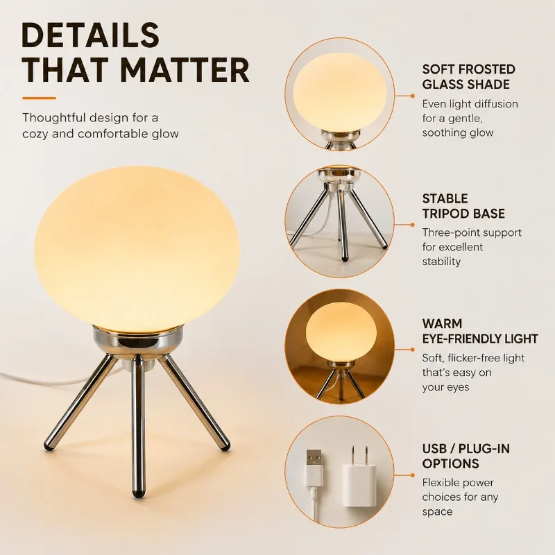 Nordic Mushroom Table Lamp USB LED 3 Color Dimmer Tripod Bedside Light for Bedroom Dorm Hotel Home Living Room Decor Table Lamp