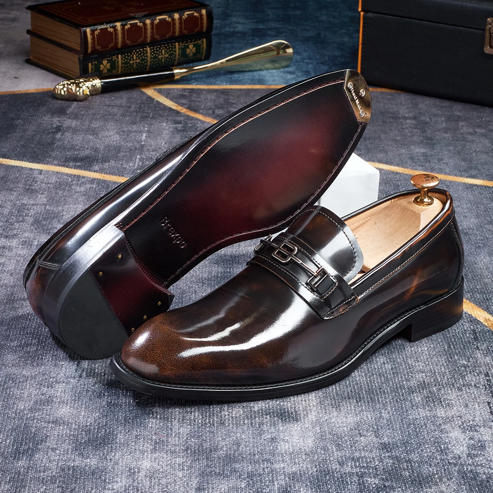 

mens fashion wedding party dress patent leather shoes brown slip-on pointed toe shoe designer summer loafers trendy footwear