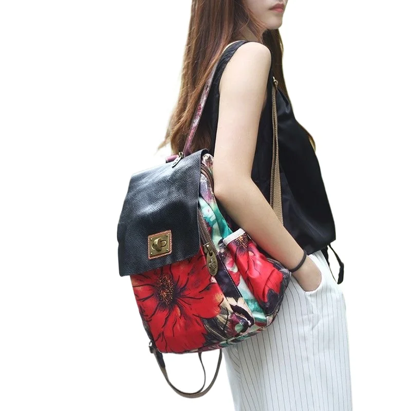 Genuine Colorful Printed Messenger Bag Women's Backpack Ethnic Style Fashion Leisure Travel Bags