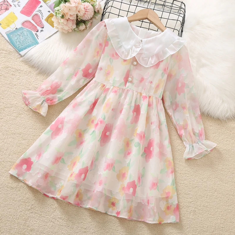 Autumn Spring Baby Girls Dresses Long Sleeve Chiffon Floral Print Dresses Cute Family Holiday Beach Clothes 4 6 8 9 10 12 Years