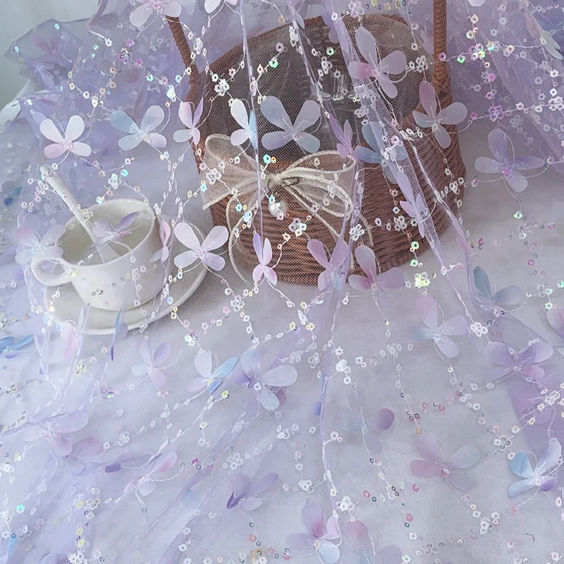 New 3D Gradient Floral Sequin Embroidered Tulle Fabric Soft Mesh Cloth Stage Outfits Princess Dresses & Doll Clothes DIY Crafts