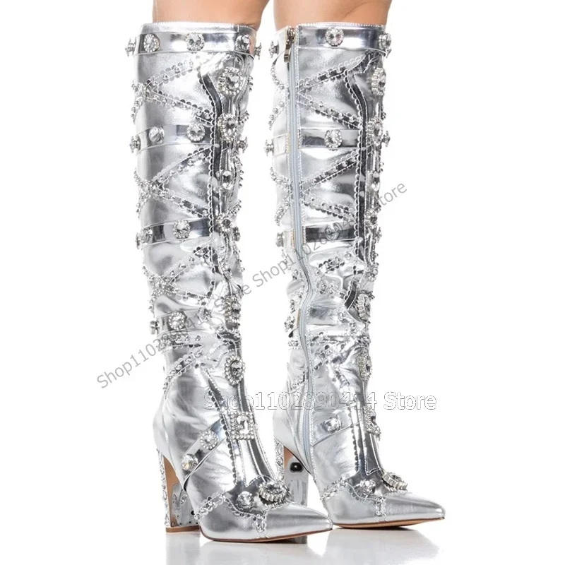 シルバークリスタル装飾グリッターポインテッドトゥブーツサイドジッパー女性の靴チャンキーハイヒールファッションランウェイ 2023 Zapatos Para Mujere