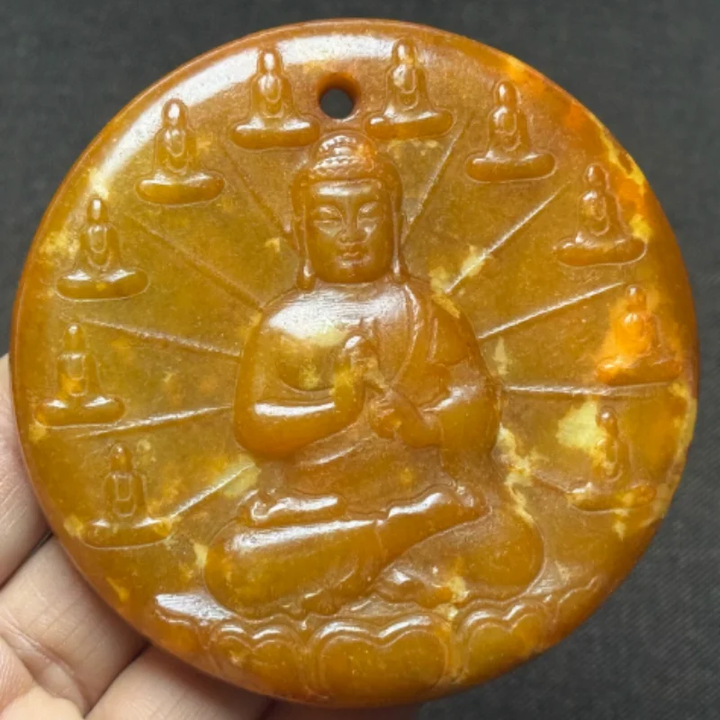 Antique Xiuyan Jade Carved Tathagata Buddha Relief Amulet - Handheld Plaything & Hanging Ornament, Exquisite Folk Art Craft