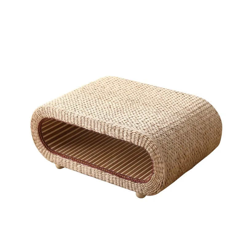 Japanese Tatami Low Table, Rattan Top Floor Desk for Sitting, Minimalist Side Table for Window Balcony Living Room, Space Saving
