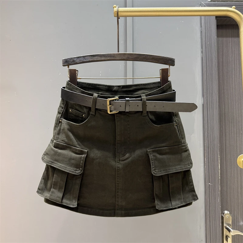 Trendy large pocket cargo denim skirt women autumn new versatile age reducing slimming spicy girl hip hugging short skirt